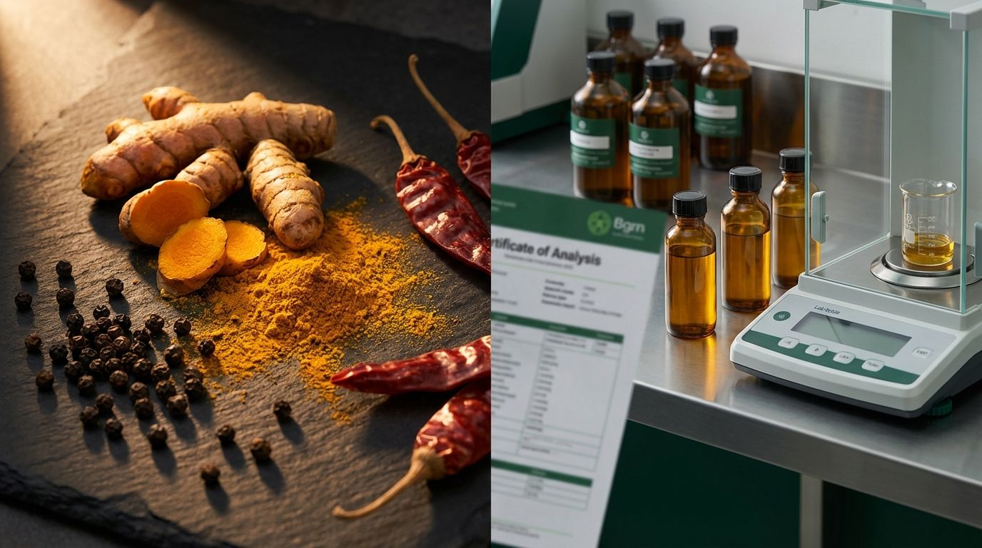 Premium Indian spice extracts — turmeric, chilli, and black pepper — alongside lab documentation and amber extract vials